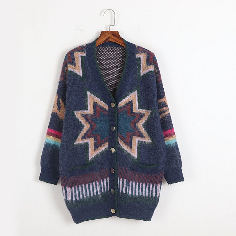 Geometric Diamond Mohair Cardigan ample tricoté contraste couleur rétro féminine - IVOIRART.COM
