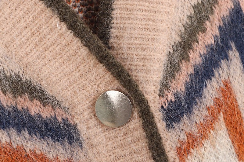 Geometric Diamond Mohair Cardigan ample tricoté contraste couleur rétro féminine - IVOIRART.COM