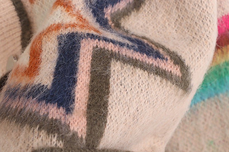 Geometric Diamond Mohair Cardigan ample tricoté contraste couleur rétro féminine - IVOIRART.COM