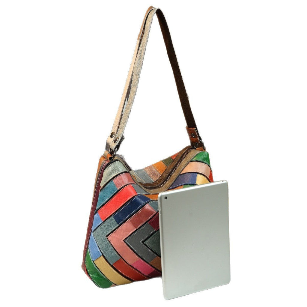 Geometric Grid Leather Patchwork Colorful Shoulder Bag - IVOIRART.COM
