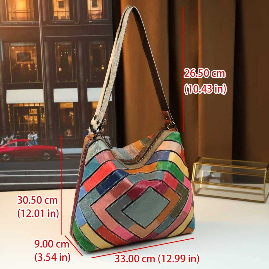 Geometric Grid Leather Patchwork Colorful Shoulder Bag - IVOIRART.COM
