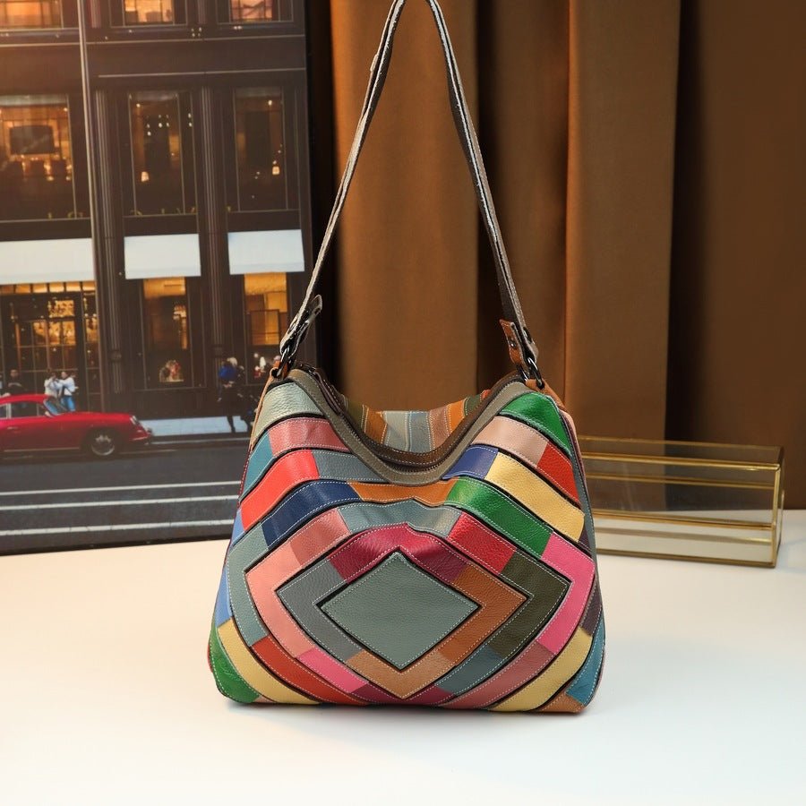 Geometric Grid Leather Patchwork Colorful Shoulder Bag - IVOIRART.COM