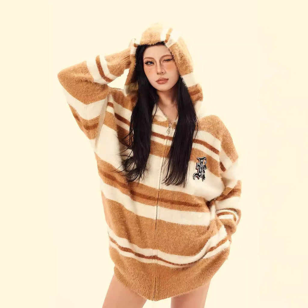 Gilet à capuche Mohair rayé American Patch Letter —pull loose coton mixte unisex - IVOIRART.COM