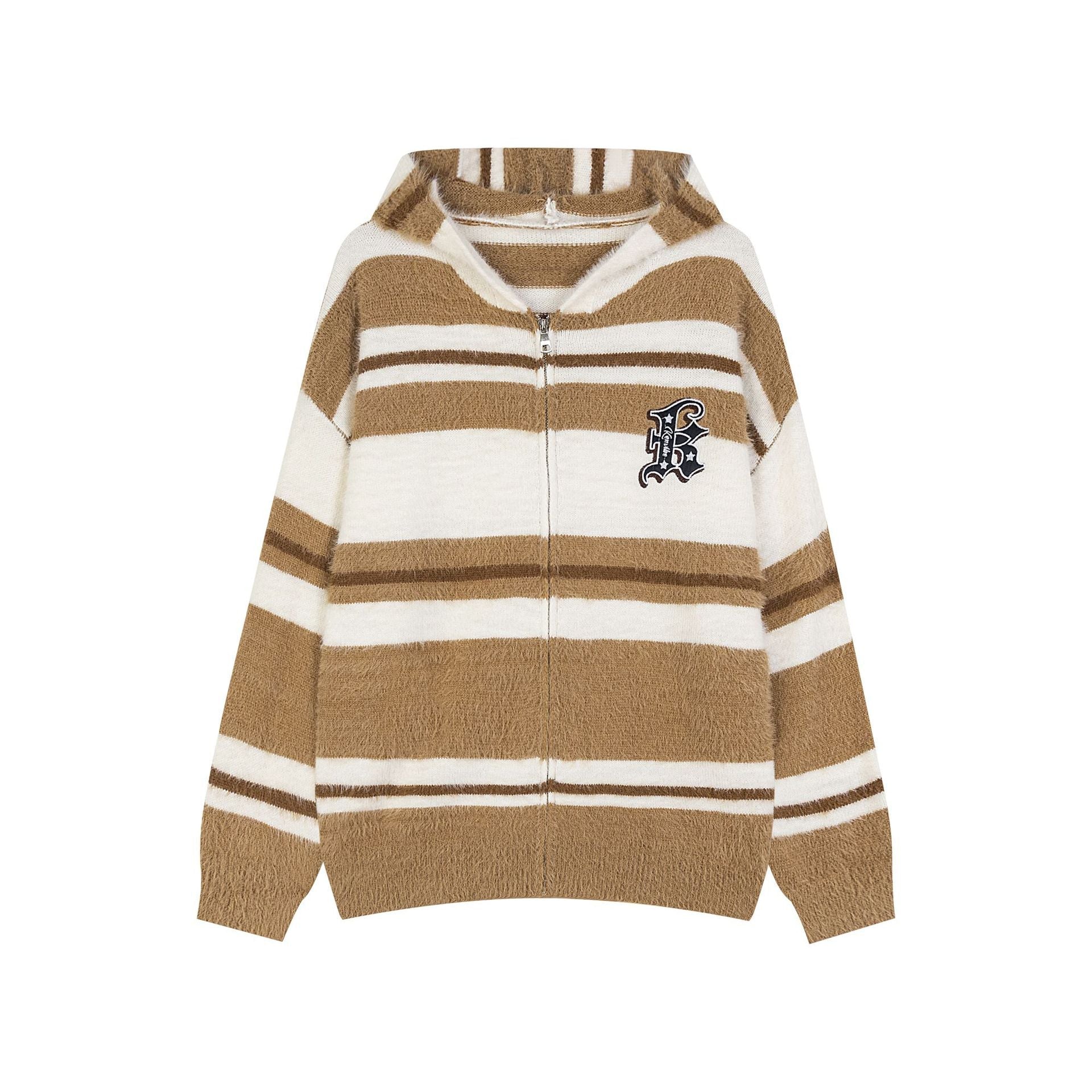 Gilet à capuche Mohair rayé American Patch Letter —pull loose coton mixte unisex - IVOIRART.COM