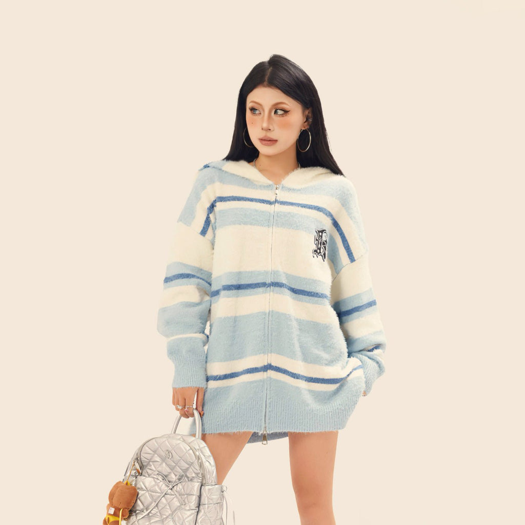 Gilet à capuche Mohair rayé American Patch Letter —pull loose coton mixte unisex - IVOIRART.COM