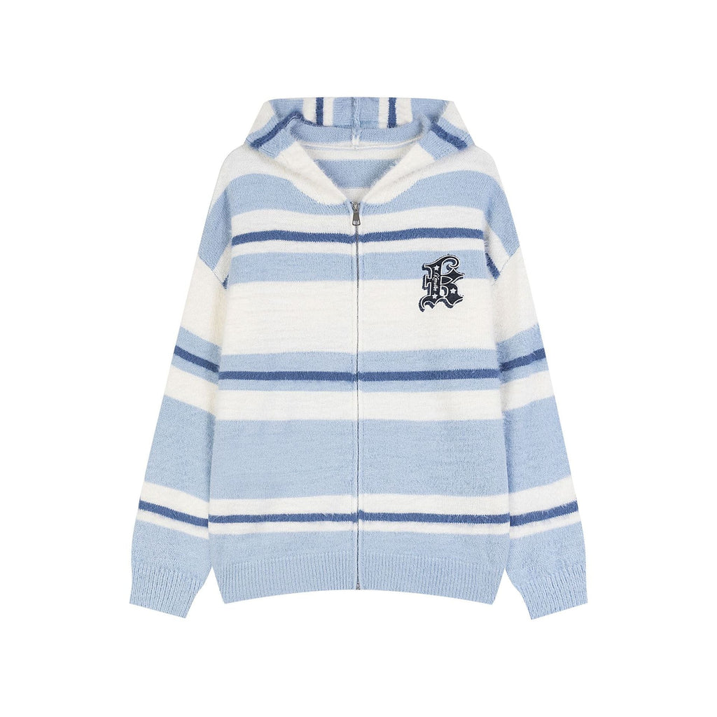 Gilet à capuche Mohair rayé American Patch Letter —pull loose coton mixte unisex - IVOIRART.COM