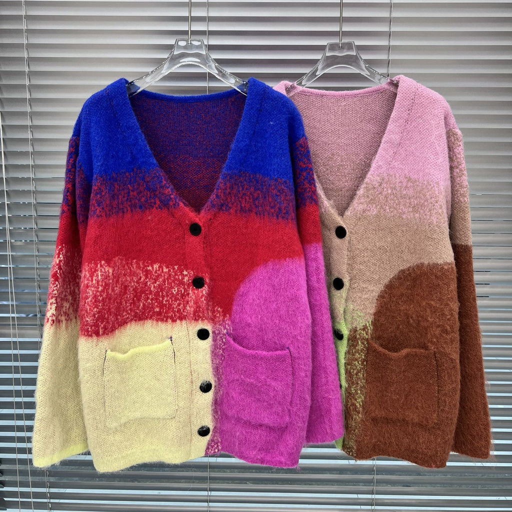 Gilet mohair dégradé col V tricoté pour femme — style cardigan doux et chic luxe - IVOIRART.COM