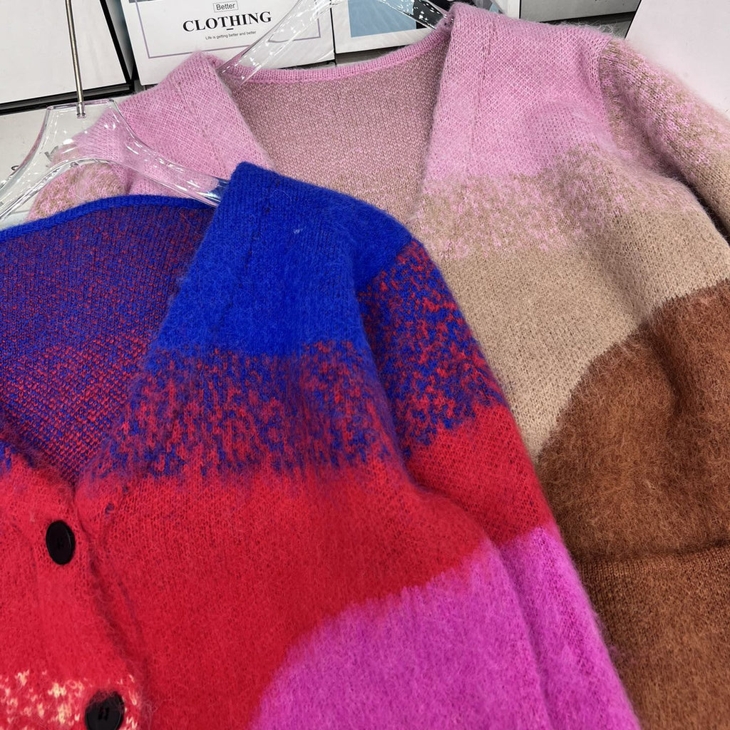 Gilet mohair dégradé col V tricoté pour femme — style cardigan doux et chic luxe - IVOIRART.COM