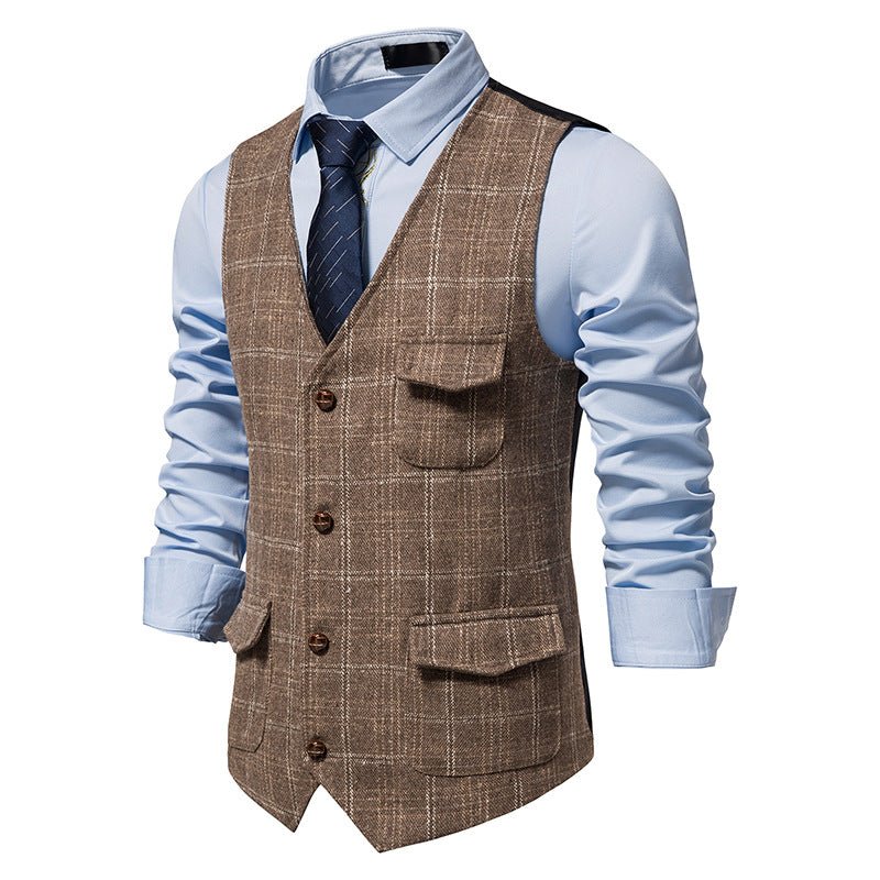Gilet Vintage Homme en Tweed à Carreaux, Coupe Slim, Coton Mélangé Gris - IVOIRART.COM