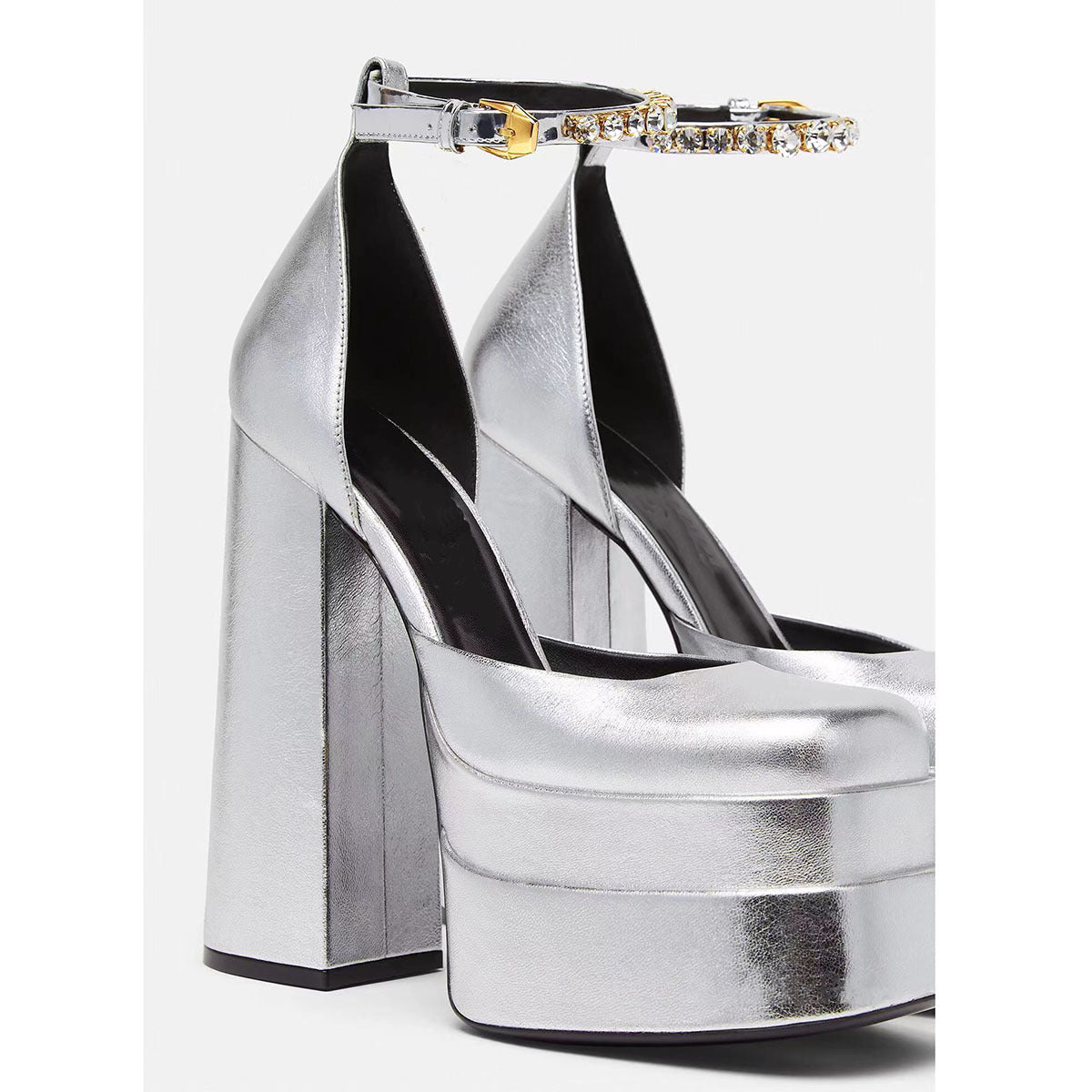 Golden Square Head Hollow Waterproof Platform Buckled Chunky Heel Super High Heel - IVOIRART.COM