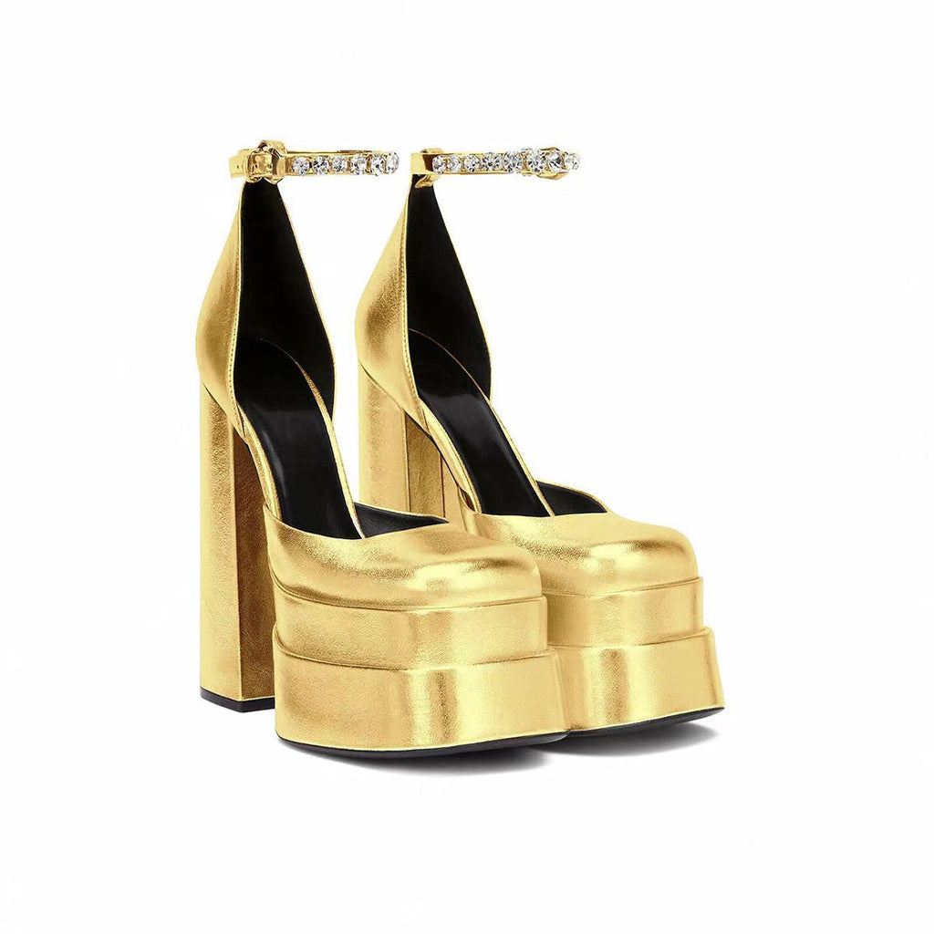 Golden Square Head Hollow Waterproof Platform Buckled Chunky Heel Super High Heel - IVOIRART.COM