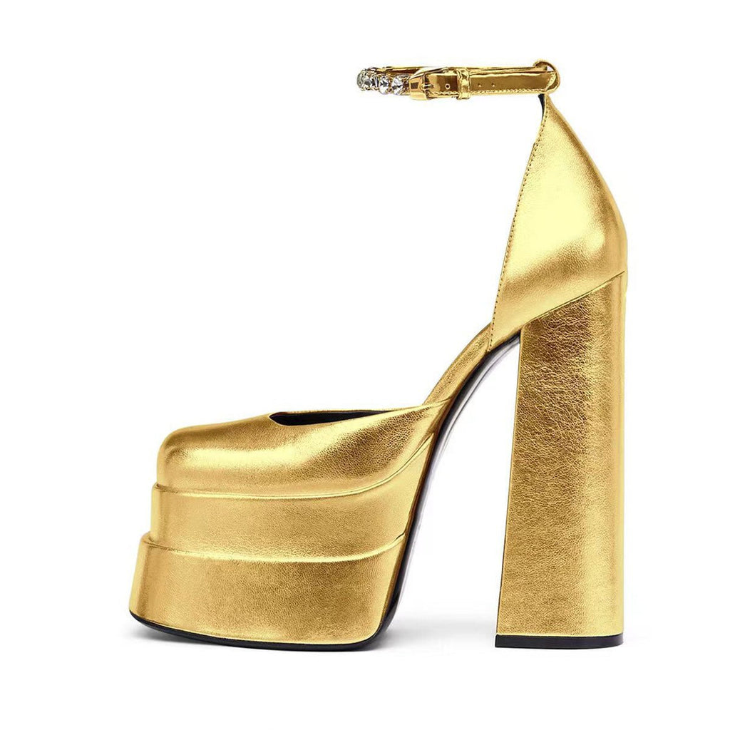 Golden Square Head Hollow Waterproof Platform Buckled Chunky Heel Super High Heel - IVOIRART.COM
