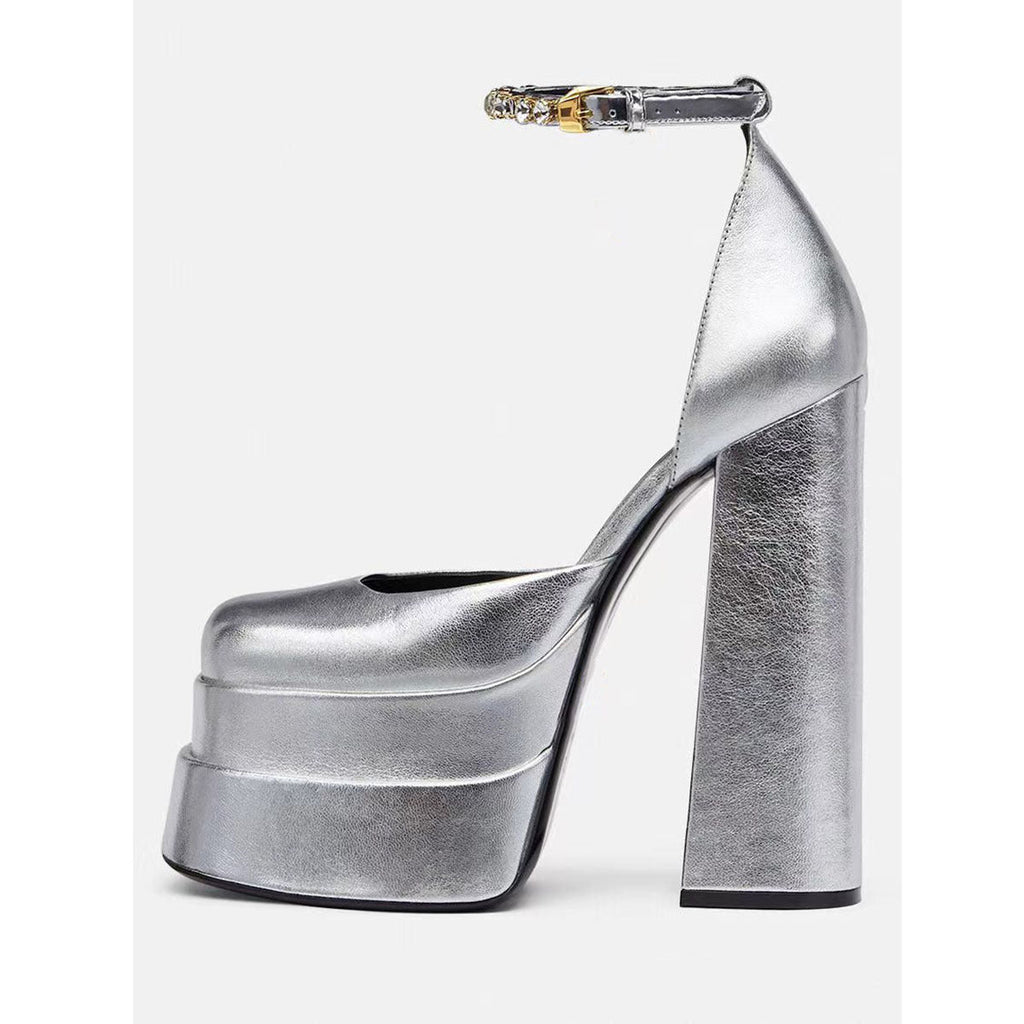 Golden Square Head Hollow Waterproof Platform Buckled Chunky Heel Super High Heel - IVOIRART.COM