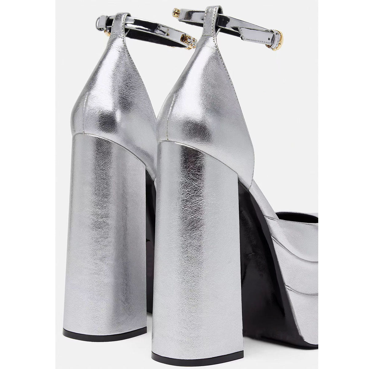 Golden Square Head Hollow Waterproof Platform Buckled Chunky Heel Super High Heel - IVOIRART.COM