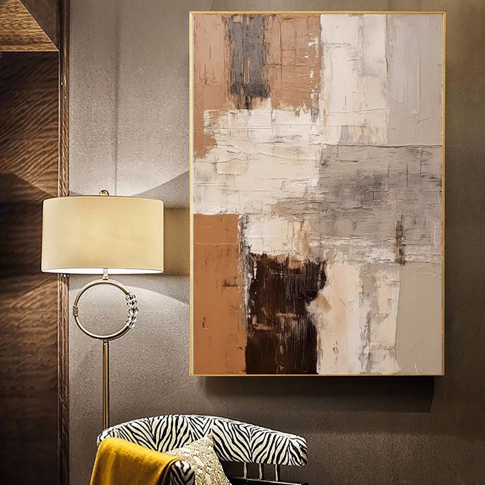 Grand peinture abstraite faite main marron texturée décor mural minimaliste wabi - IVOIRART.COM