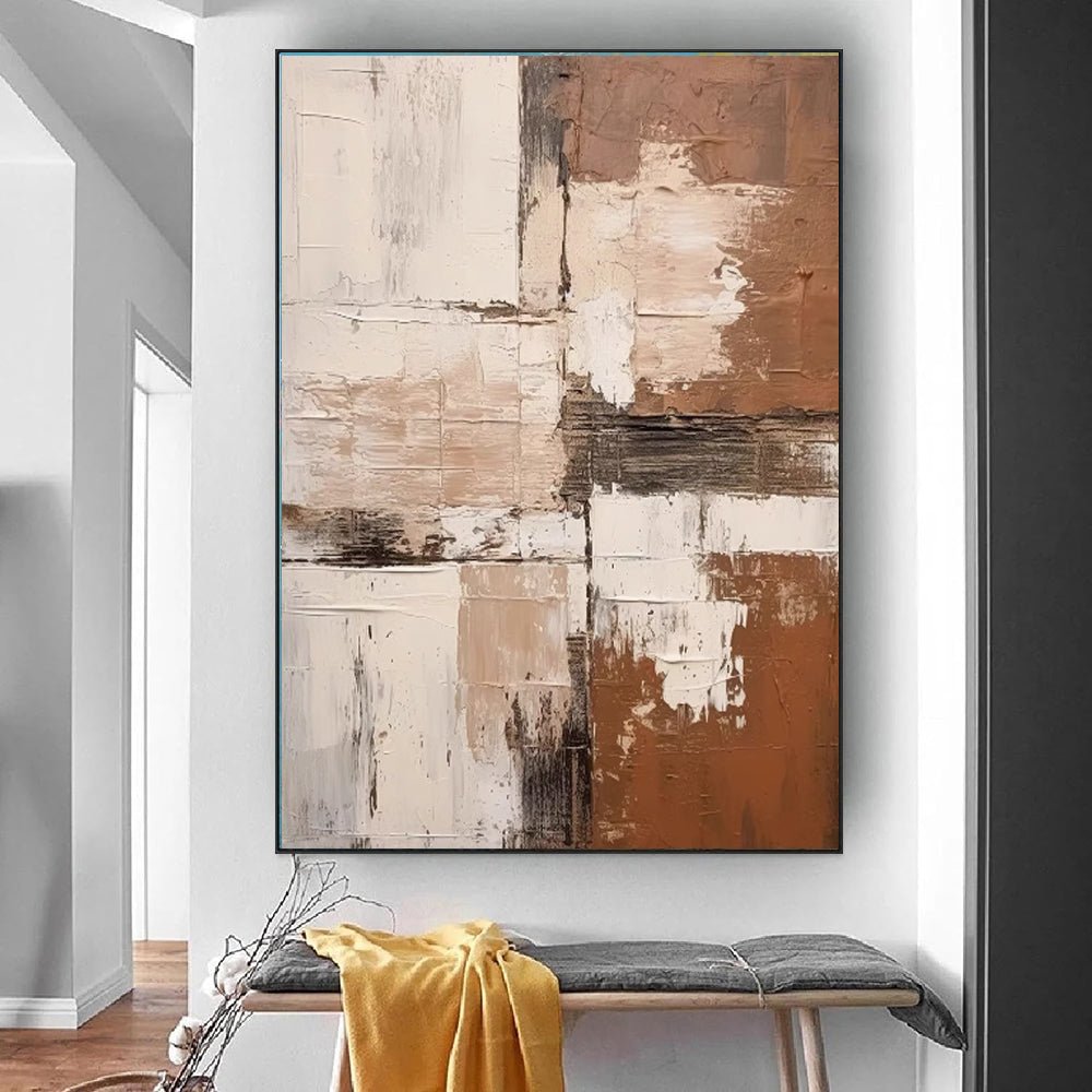 Grand peinture abstraite faite main marron texturée décor mural minimaliste wabi - IVOIRART.COM