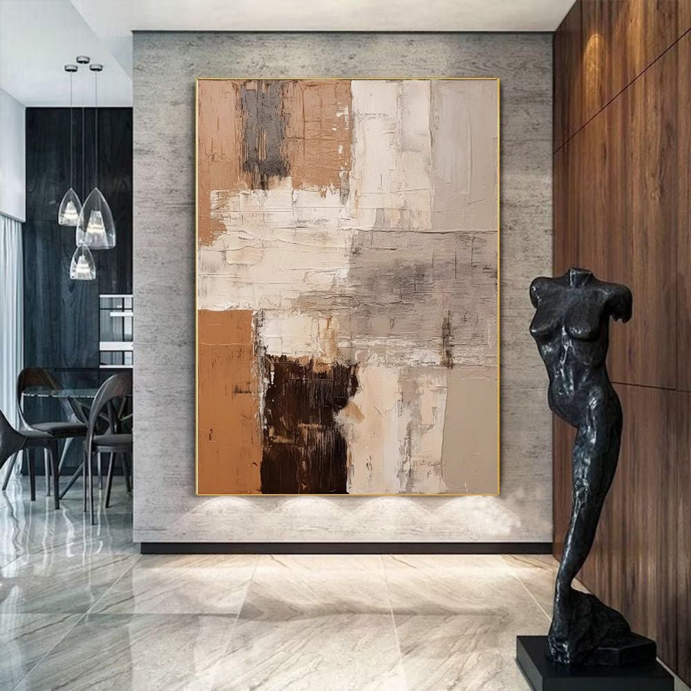 Grand peinture abstraite faite main marron texturée décor mural minimaliste wabi - IVOIRART.COM