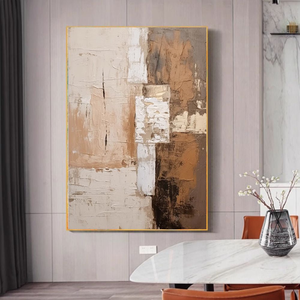 Grand peinture abstraite faite main marron texturée décor mural minimaliste wabi - IVOIRART.COM