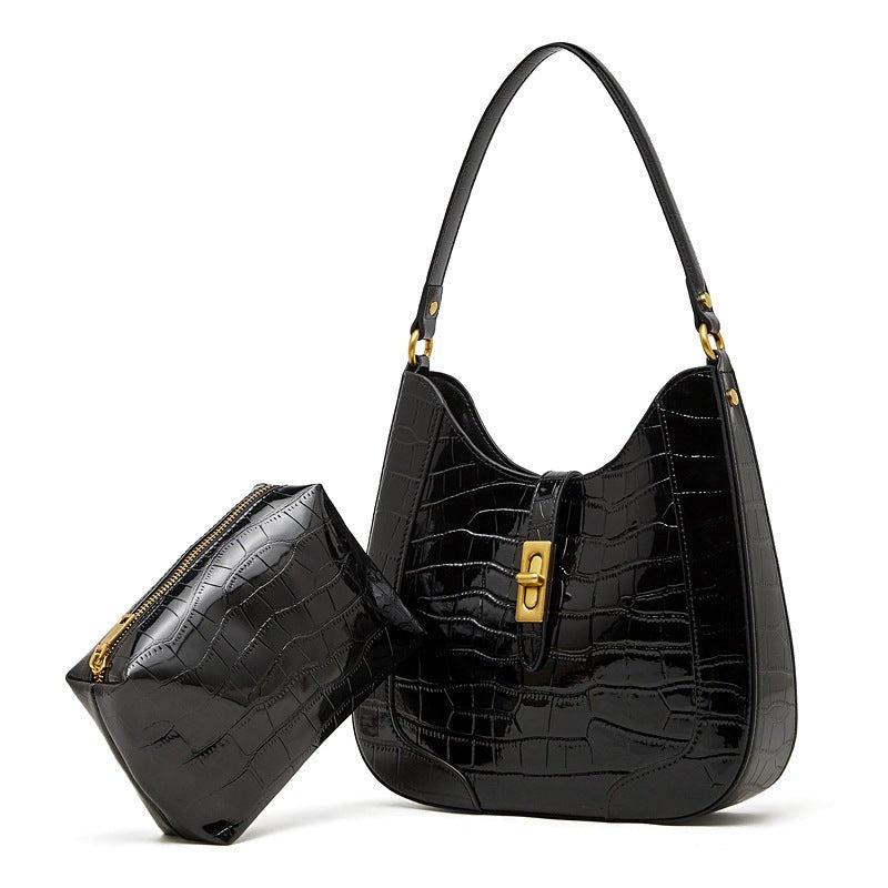 Grand sac à bandoulière et porté croisé femme, cuir verni vachette effet crocodile, grande capacité - IVOIRART.COM