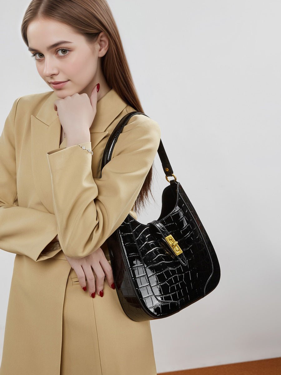 Grand sac à bandoulière et porté croisé femme, cuir verni vachette effet crocodile, grande capacité - IVOIRART.COM
