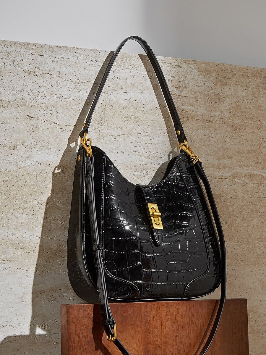 Grand sac à bandoulière et porté croisé femme, cuir verni vachette effet crocodile, grande capacité - IVOIRART.COM