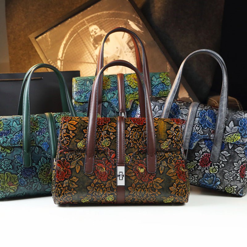 Grand sac à main vintage en cuir embossé avec grande capacité de rangement - IVOIRART.COM