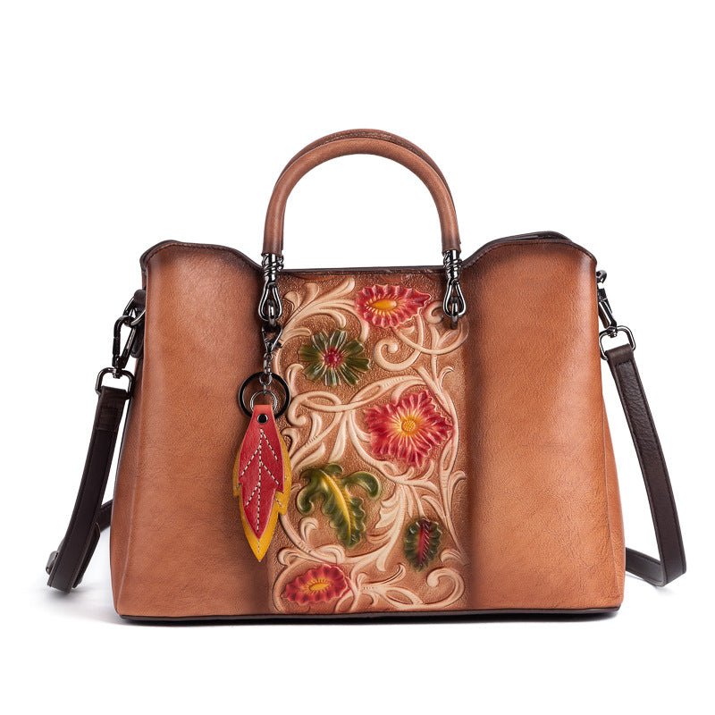 Grand sac fourre-tout vintage en cuir véritable embossé patiné simple et spacieux - IVOIRART.COM