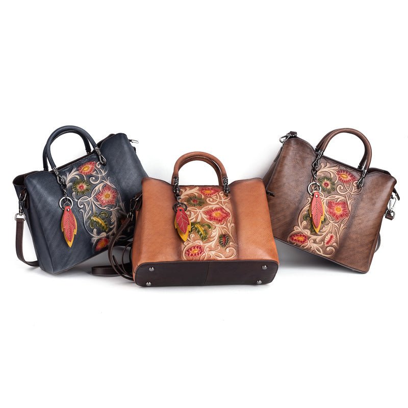 Grand sac fourre-tout vintage en cuir véritable embossé patiné simple et spacieux - IVOIRART.COM