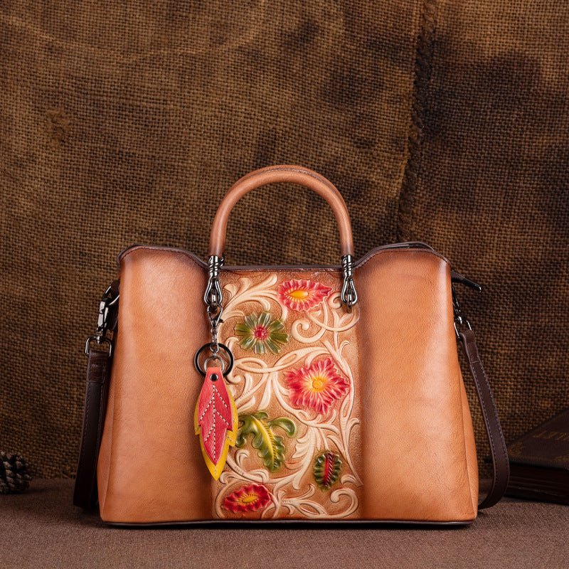 Grand sac fourre-tout vintage en cuir véritable embossé patiné simple et spacieux - IVOIRART.COM