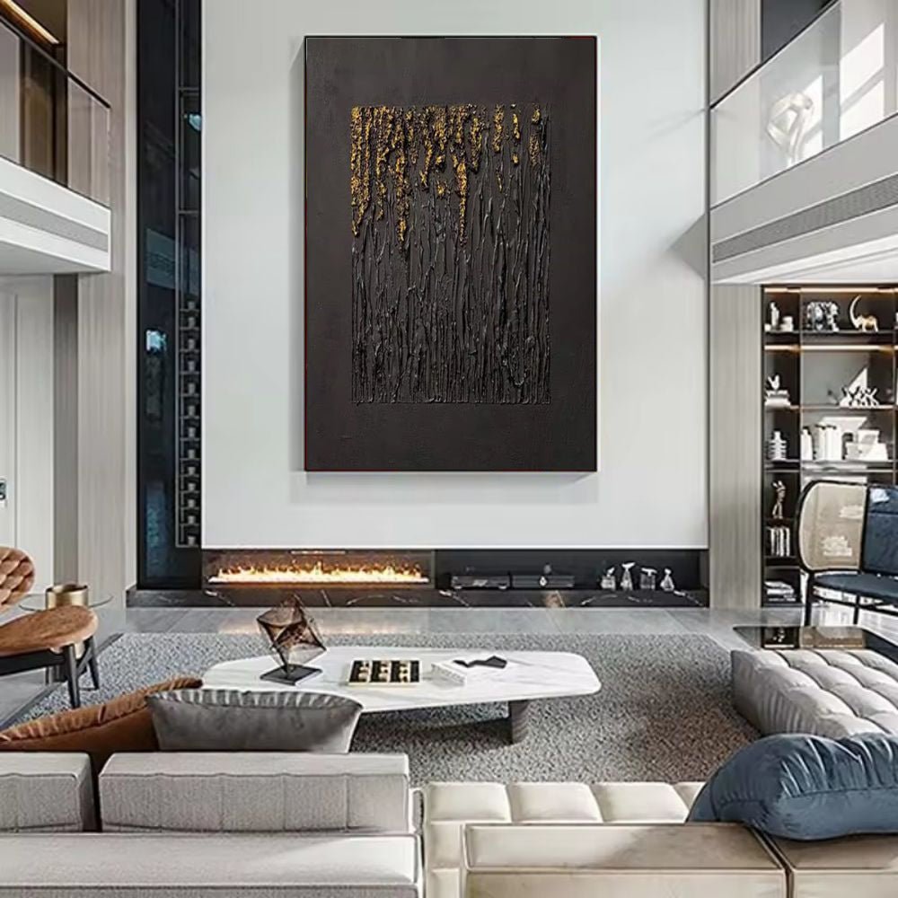 Grande peinture abstraite noire faite main avec texture dorée pour salon moderne - IVOIRART.COM