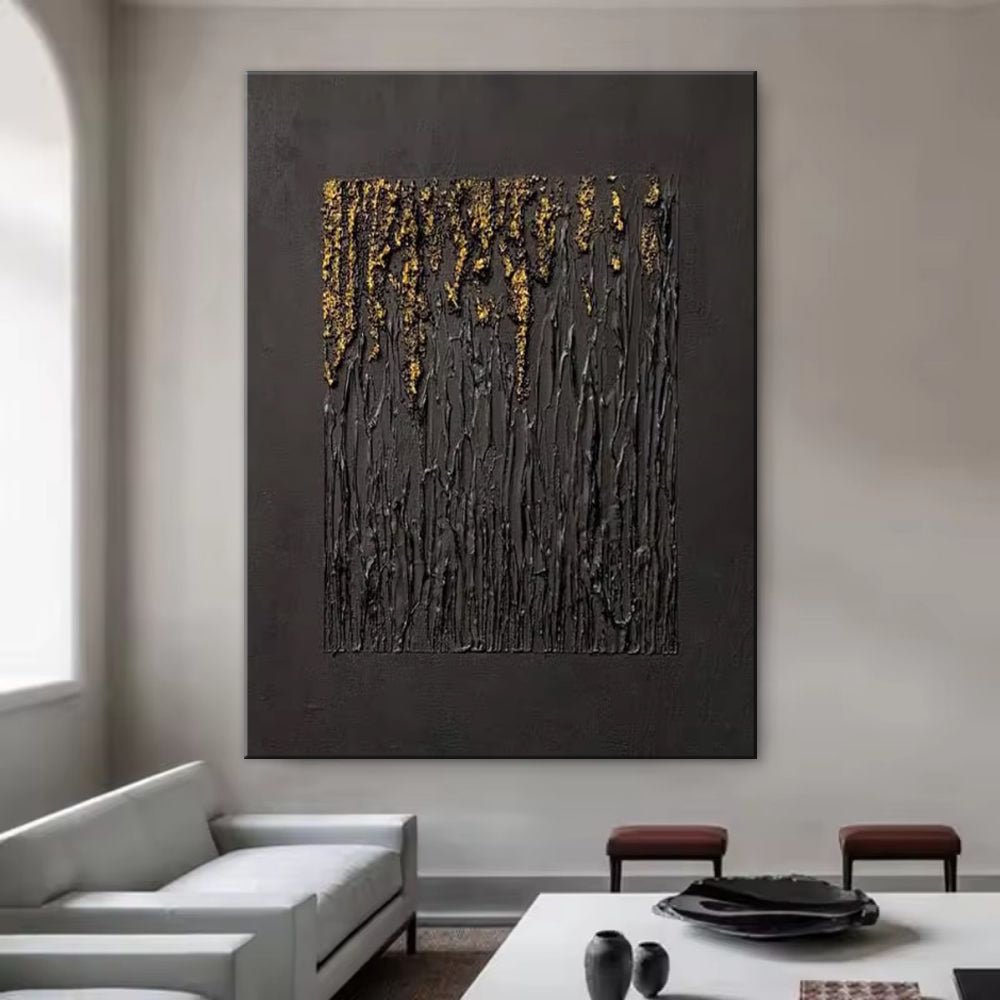 Grande peinture abstraite noire faite main avec texture dorée pour salon moderne - IVOIRART.COM