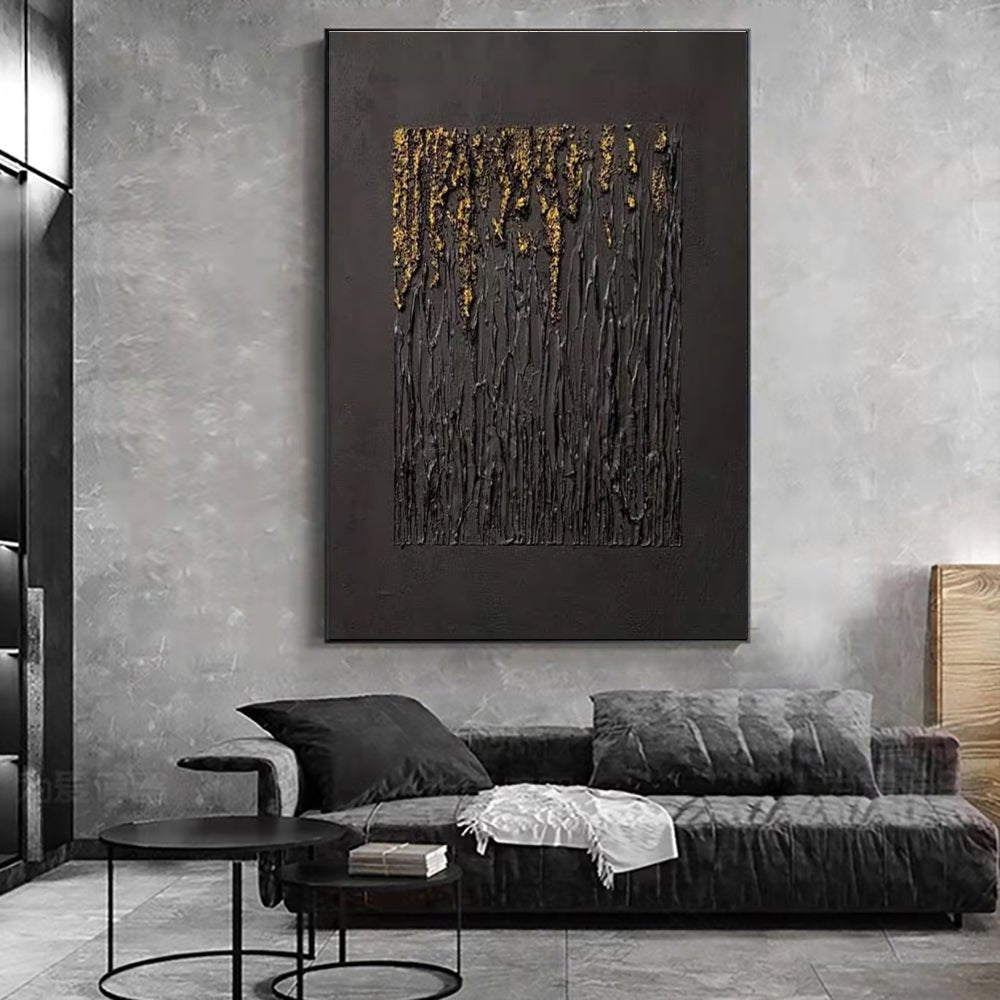 Grande peinture abstraite noire faite main avec texture dorée pour salon moderne - IVOIRART.COM