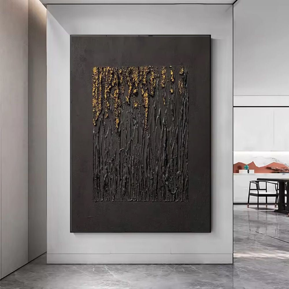 Grande peinture abstraite noire faite main avec texture dorée pour salon moderne - IVOIRART.COM