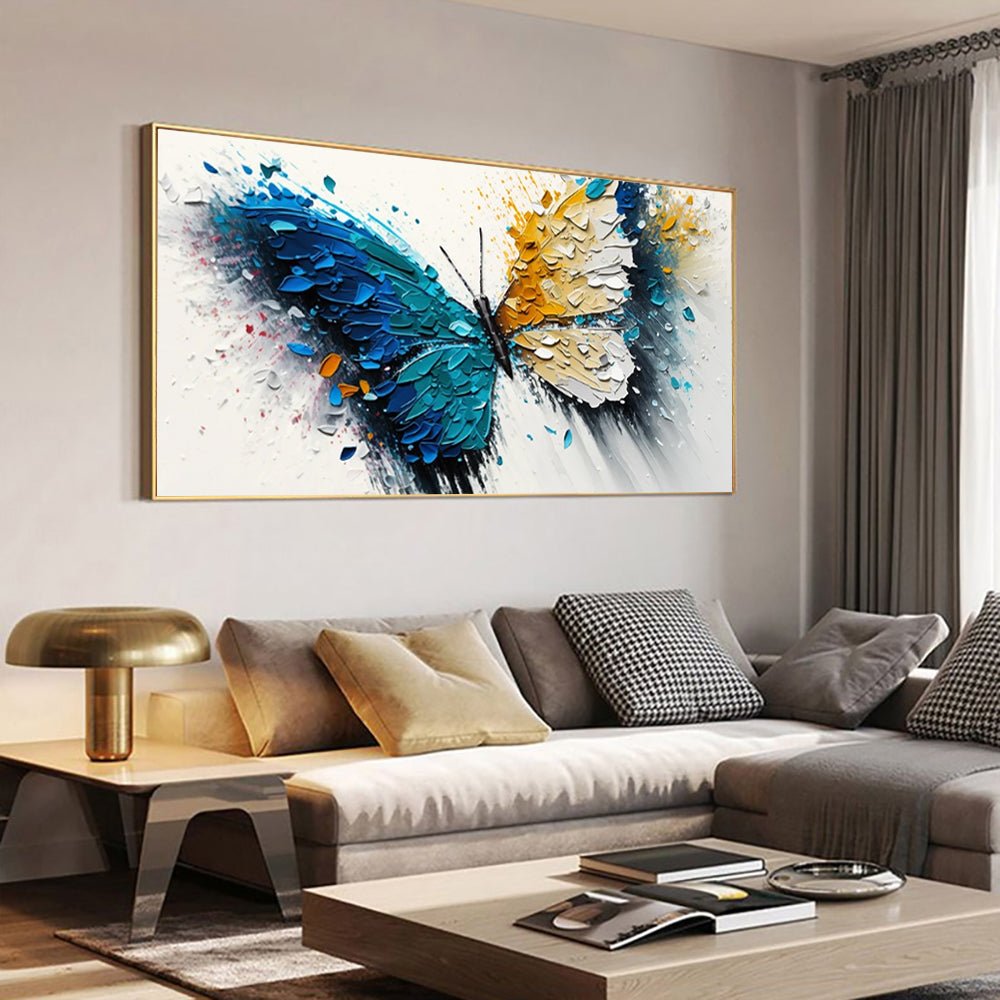 Grande toile abstraite peinte à la main papillon vibrant déco murale pour salon. - IVOIRART.COM