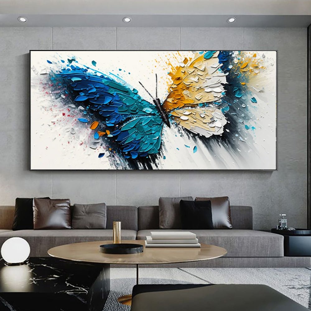 Grande toile abstraite peinte à la main papillon vibrant déco murale pour salon. - IVOIRART.COM