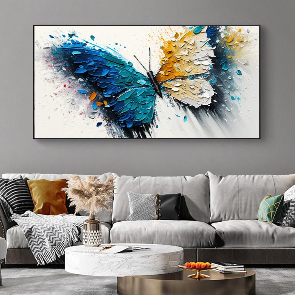 Grande toile abstraite peinte à la main papillon vibrant déco murale pour salon. - IVOIRART.COM