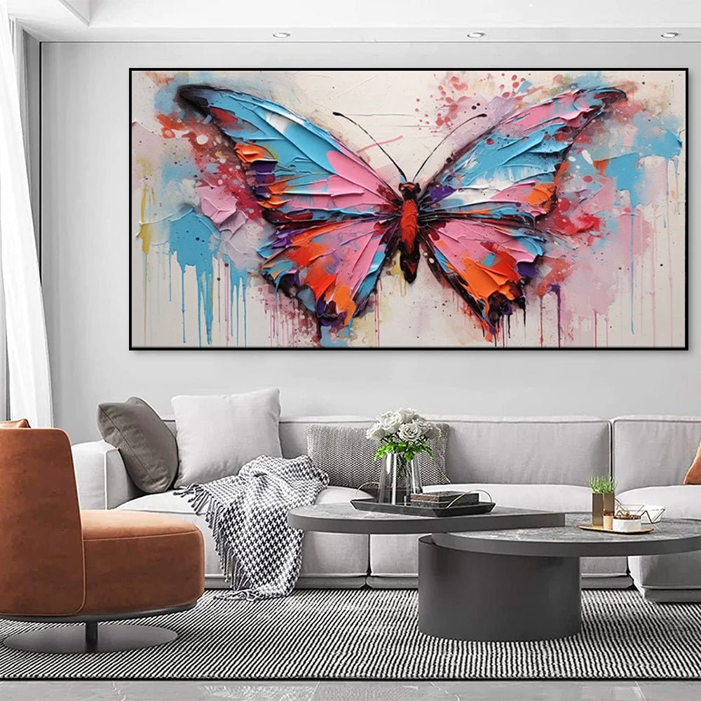 Grande toile abstraite peinte à la main papillon vibrant déco murale pour salon. - IVOIRART.COM