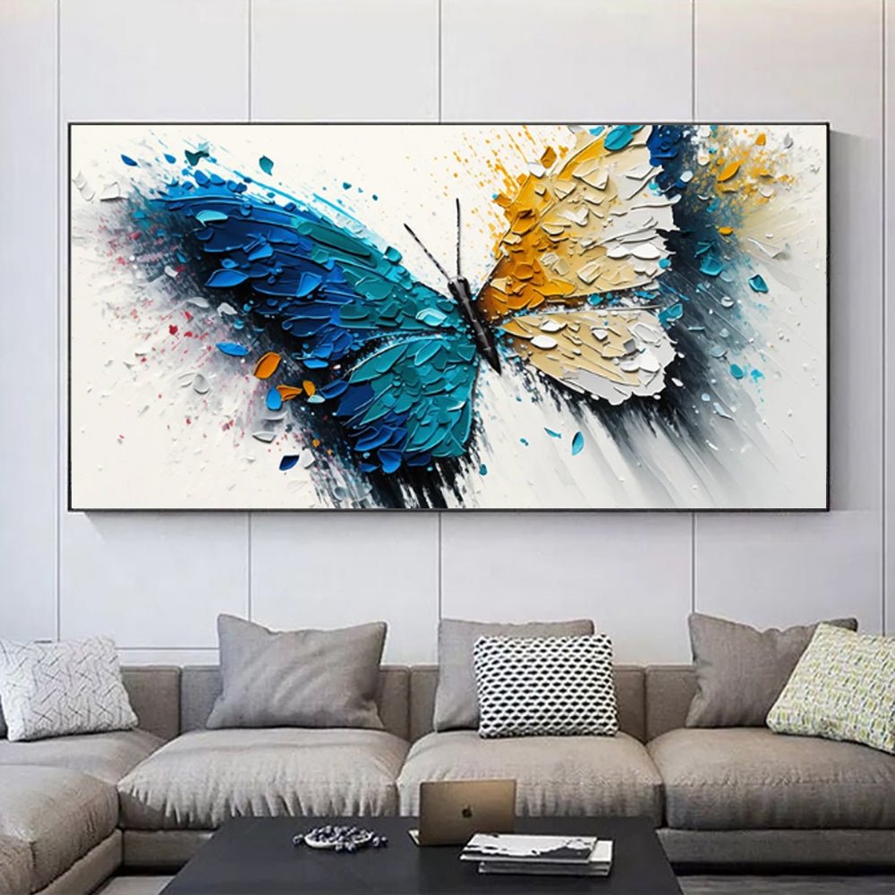 Grande toile abstraite peinte à la main papillon vibrant déco murale pour salon. - IVOIRART.COM