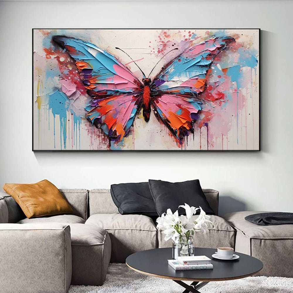 Grande toile abstraite peinte à la main papillon vibrant déco murale pour salon. - IVOIRART.COM