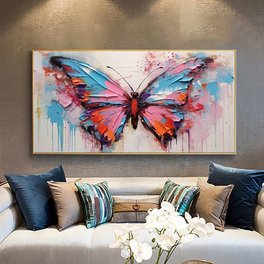Grande toile abstraite peinte à la main papillon vibrant déco murale pour salon. - IVOIRART.COM