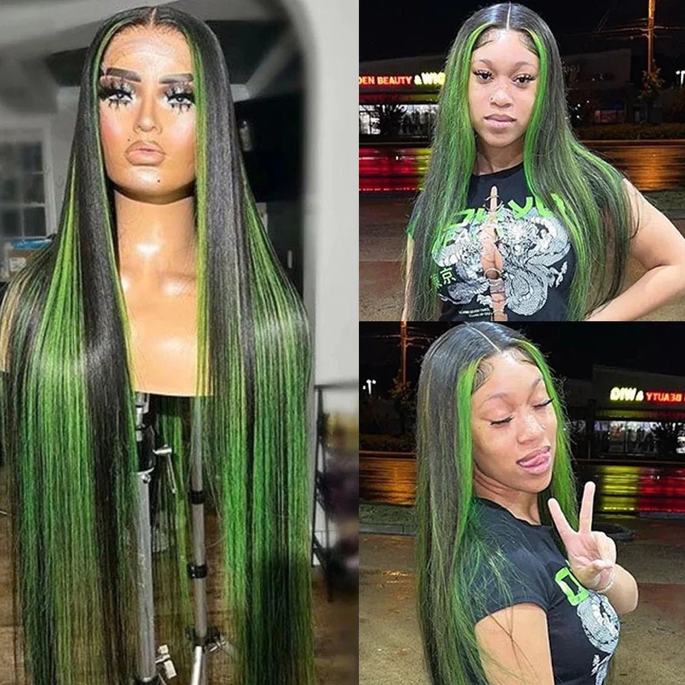 Green Highlight Straight Hair Lace Wig - IVOIRART.COM