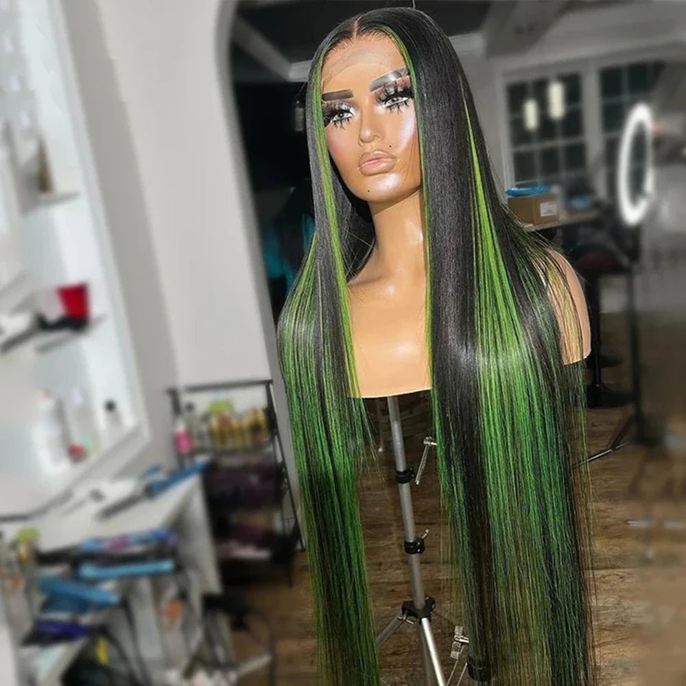 Green Highlight Straight Hair Lace Wig - IVOIRART.COM