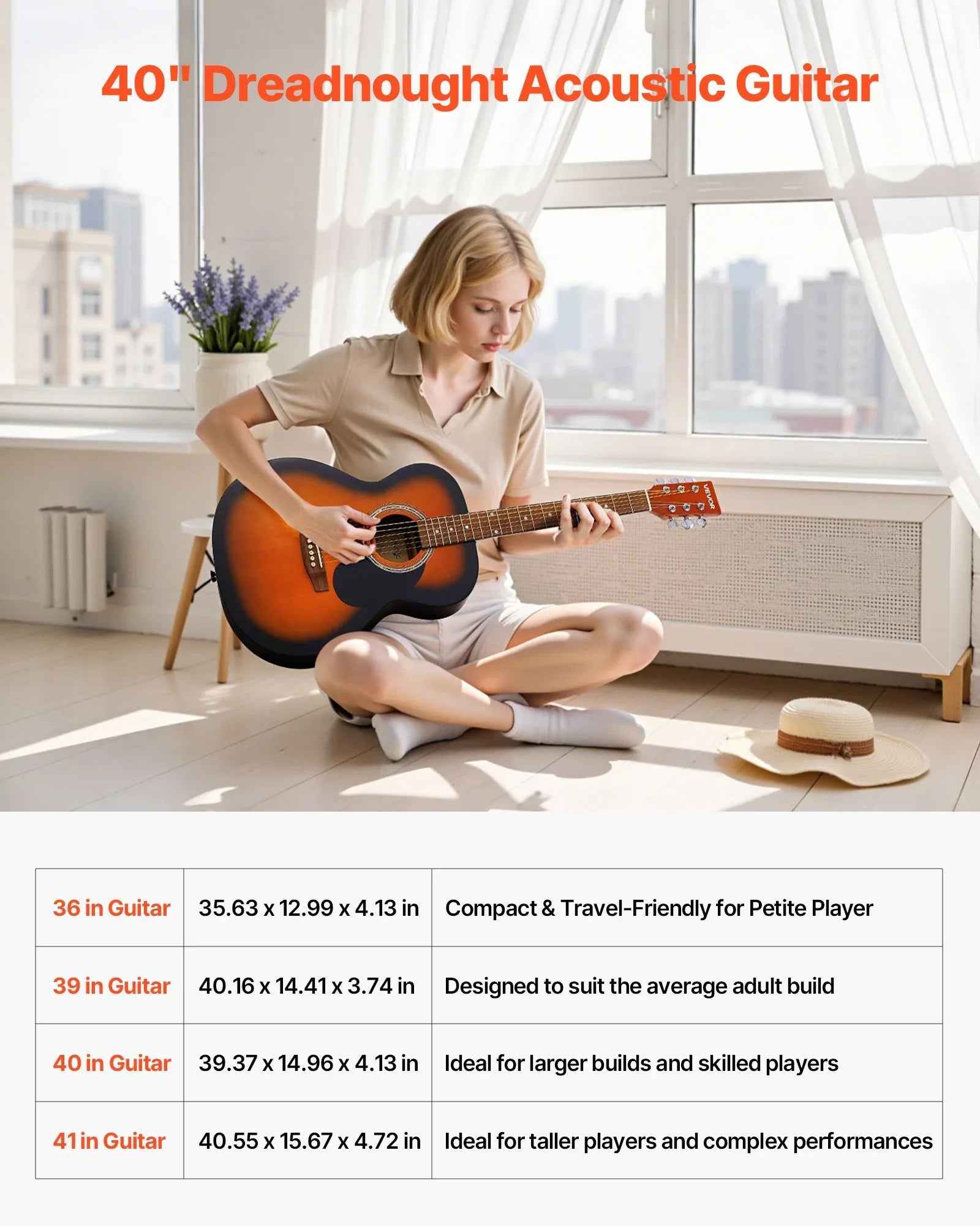 Guitare Acoustique Dreadnought 40 po, 6 cordes Sunburst – Pack Débutant avec Étui, Accordeur, Sangle, Cordes en Acier, Picks, Capodastre, Table et touche en Palissandre Rosewood, Pour Adultes et Joueurs Confirmés - IVOIRART.COM