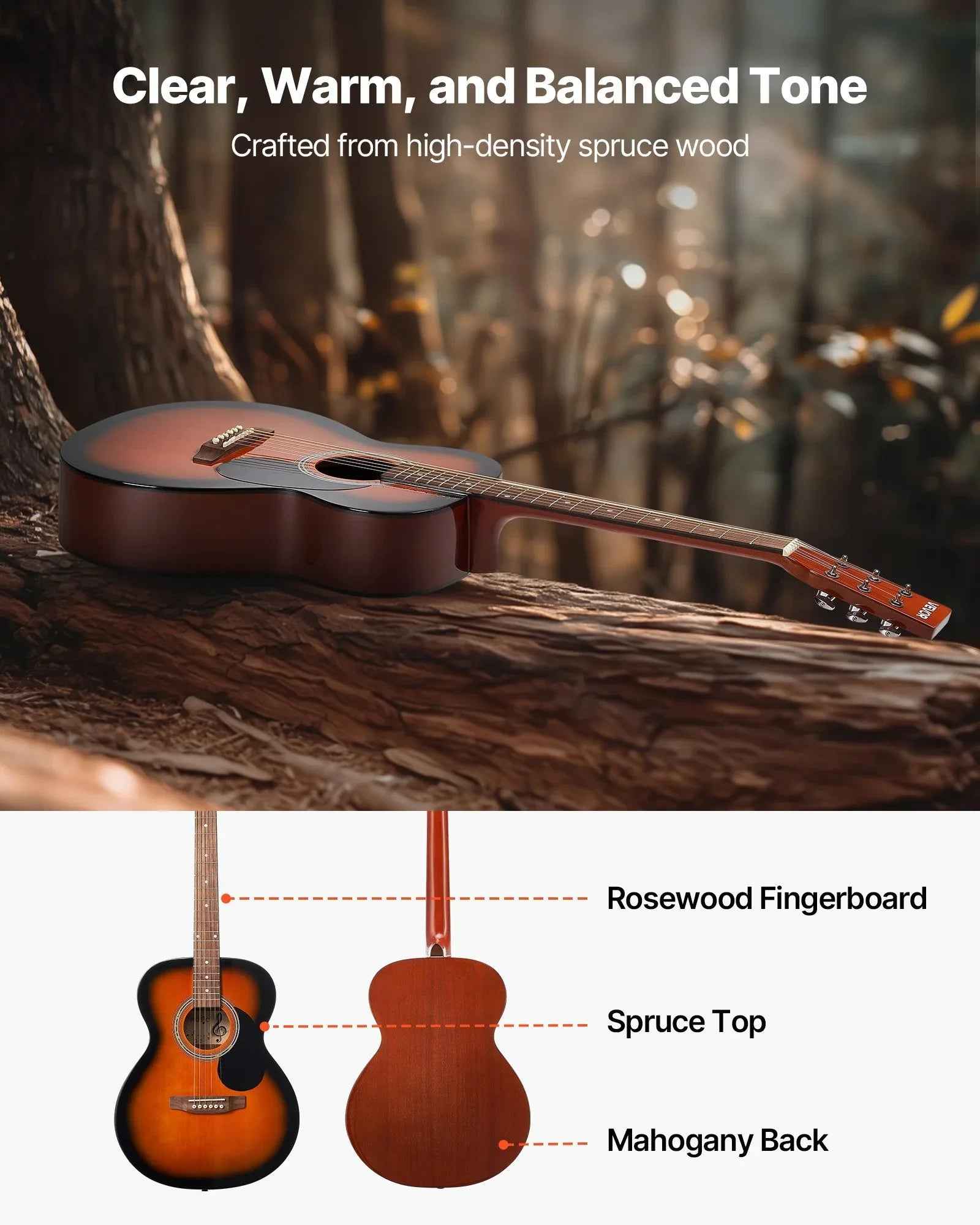 Guitare Acoustique Dreadnought 40 po, 6 cordes Sunburst – Pack Débutant avec Étui, Accordeur, Sangle, Cordes en Acier, Picks, Capodastre, Table et touche en Palissandre Rosewood, Pour Adultes et Joueurs Confirmés - IVOIRART.COM