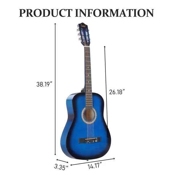 Guitare acoustique ronde bleue de 38 pouces avec médiators, cordes, capo, étui, accordeur et sangle - IVOIRART.COM