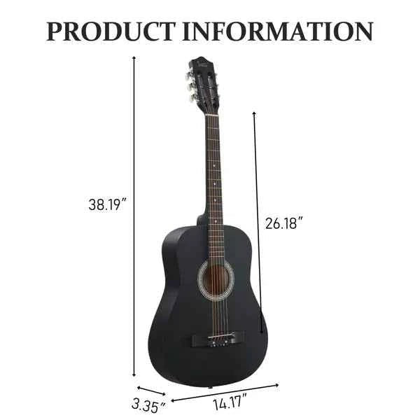 Guitare acoustique ronde noire mate de 38 pouces avec médiators, cordes, capo, étui, accordeur et sangle - IVOIRART.COM