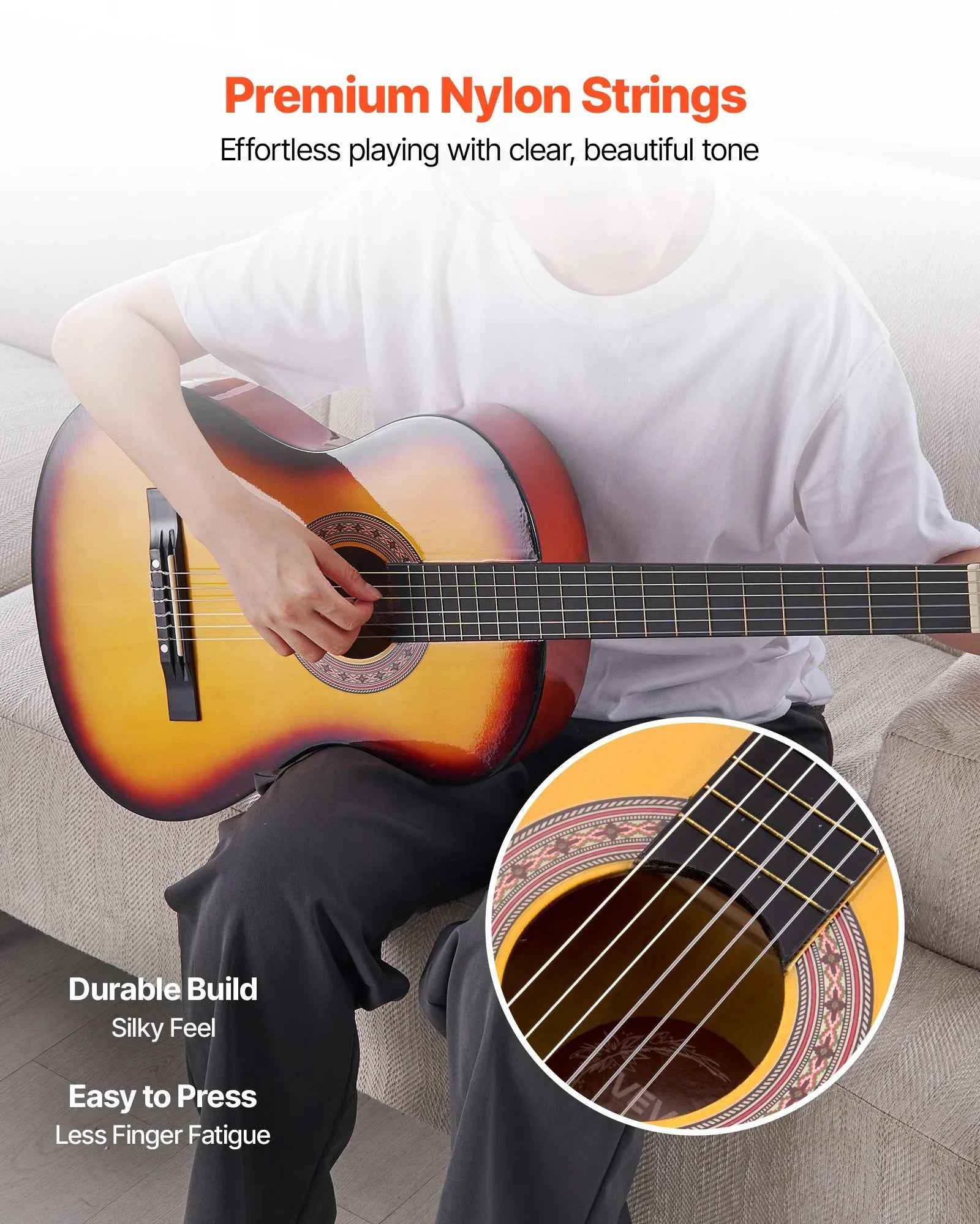 Guitare Classique 38 pouces – Kit de démarrage en bois pour débutants, cordes nylon, étui, sangle, accordeur, corde supplémentaire, médiator, Capo, bois tilleul, finition Sunburst - IVOIRART.COM