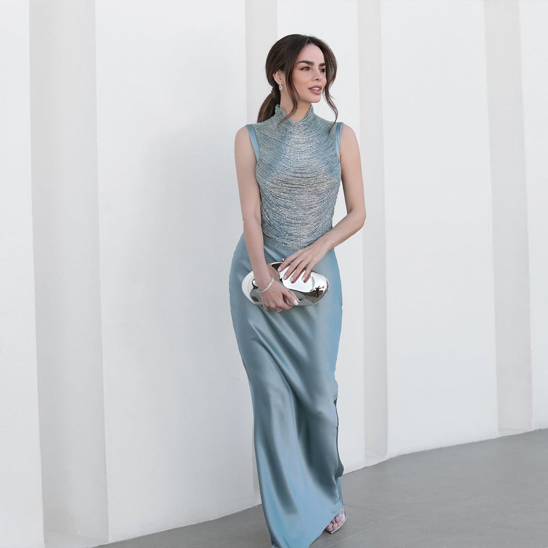 Haut col montant sans manches à franges et jupe midi satinée — Ensemble chic été - IVOIRART.COM