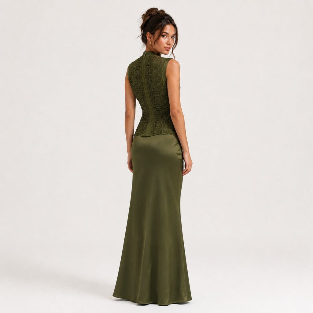 Haut col montant sans manches à franges et jupe midi satinée — Ensemble chic été - IVOIRART.COM