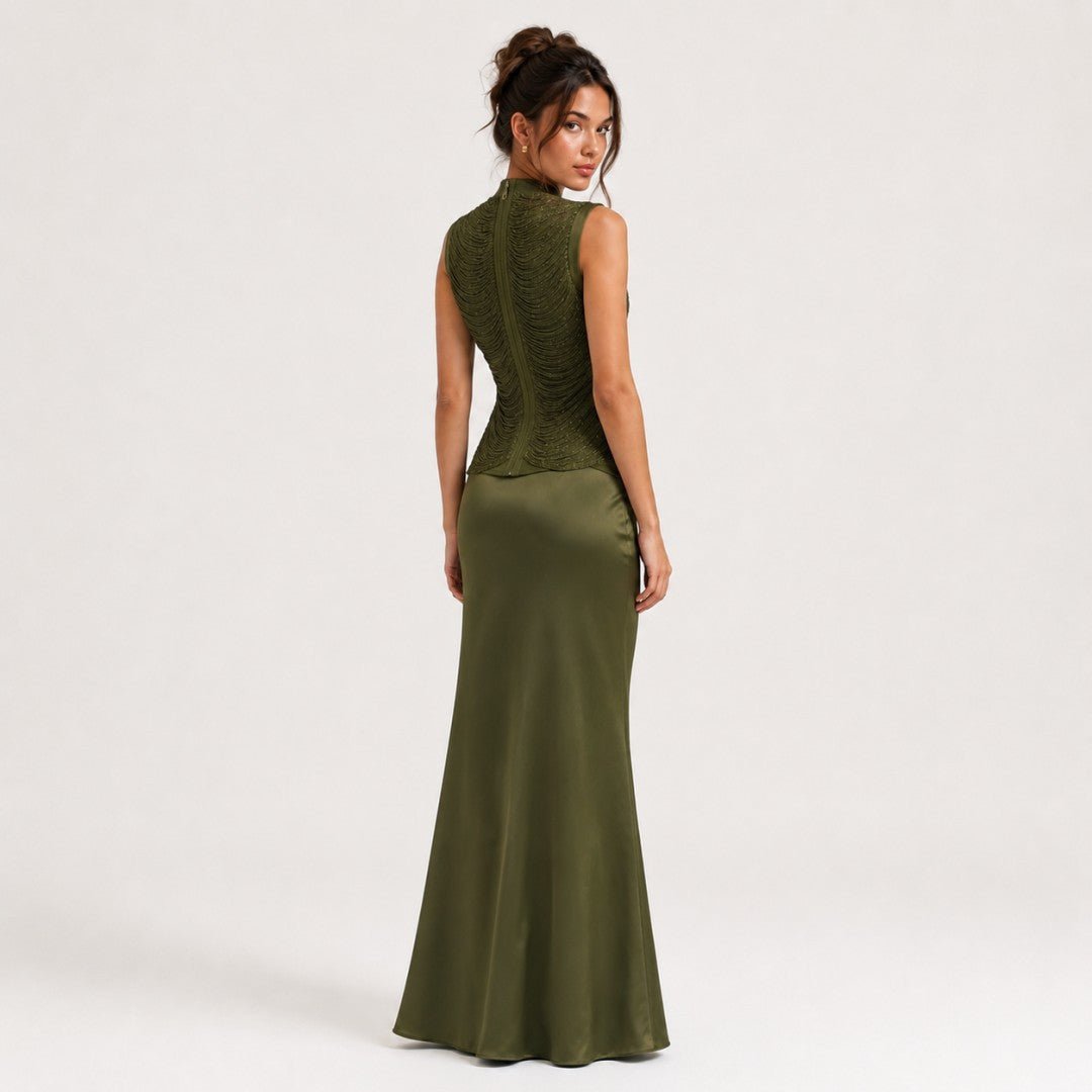 Haut col montant sans manches à franges et jupe midi satinée — Ensemble chic été - IVOIRART.COM